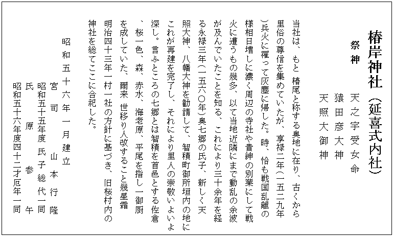  椿岸神社（延喜式内社）
    　 祭 神      天 之 宇 受 女 命
               　　猿 田 彦 大 神
               　　天 照 大 御 神

当社は、もと 椿尾と称する奥地に在り、古くから
里俗の尊信を集めていたが、享禄二年（一五二九年
）兵火に罹って灰塵に帰した。時、恰も戦国乱離の
様相日増しに濃く周辺の寺社や貴紳の別業にして戦
火に遭うもの幾多、以て当地近隣にまで動乱の余波
が及んでいたことを知る、これにより三十余年を経
る永禄三年（一五六〇年）奥七郷の氏子、新しく天
照大神、八幡大神を勧請して、智積町御所垣内の地に
これが再建を完了し、それにより里人の崇敬いよいよ
深し。言ふところの七郷とは智積を首邑とする佐倉
、桜一色、森、赤水、海老原、平尾を指し一御厨
を成していた、爾来 世移り人改すること幾星霜
明治四十三年一村一社の方針に基づき、旧桜村内の
神社を総てここに合祀した。

    　昭 和 五 十 六 年 一 月 建 立
                宮   司         山  本  行  隆
                昭和五十五年度 氏 子 総 代一同
                氏       原        参       午
                昭和五十六年度四十二才厄年一同

