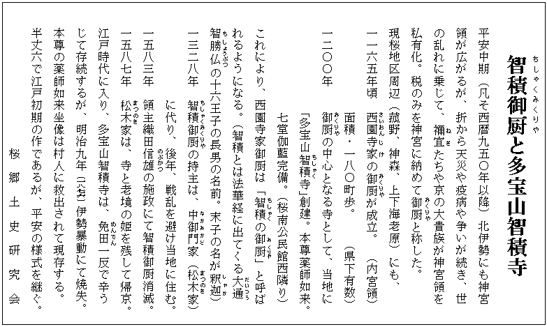 智積御厨(ちしゃくみくりや)と多宝山智積寺
平安中期(凡そ西暦九五〇年以降)北伊勢にも神宮
領が広がるが、折から天災や疫病や争いが続き、世
の乱れに乗じて、禰宜(ねぎ)たちや京の大貴族が神宮領を
私有化。税のみを神宮に納めて御厨(みくりや)と称した。
現桜地区周辺(菰野、神森、上下海老原)にも、
一一六五年頃 西園(さいおん)寺家(じけ)の御厨(みくりや)が成立。 (内宮領)
面積・一八〇町歩。 (県下有数)
一二〇〇年 御厨(みくりや)の中心となる寺として、当地に
「多宝山智積(ちしゃく)寺」創建。本尊薬師如来。
七堂伽藍完備。(桜南公民館西隣り)
これにより、西園寺家御厨は「智積(ちしゃく)の御(み)厨(くりや)」と呼ば
れるようになる。(智積とは法華経に出てくる大通(だいつう)
智(ち)勝仏(しょうぶつ)の十六王子の長男の名前。末子の名が釈迦(しゃか))
一三二八年 智積(ちしゃく)御厨(みくりや)の持主は、中御門(なかみかど)家(松木(まつのき)家)
に代り、後年、戦乱を避け当地に住む。
一五八三年 領主織田信(のぶ)雄(かつ)の施政にて智積御厨消滅。
一五八七年 松木(まつのき)家は、寺と老境の姫を残して帰京。
江戸時代に入り、多宝山智積寺は、免田(めんでん)一反で辛う
じて存続するが、明治九年(一八七六)伊勢暴動にて焼失。
本尊の薬師如来坐像は村人に救出されて現存する。
半丈六で江戸初期の作であるが、平安の様式を継ぐ。
桜 郷 土 史 研 究 会